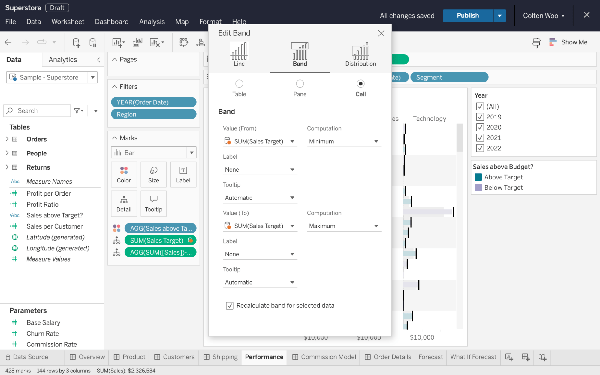 Tableau web authoring interface, showing the user making formatting edits to a reference band.