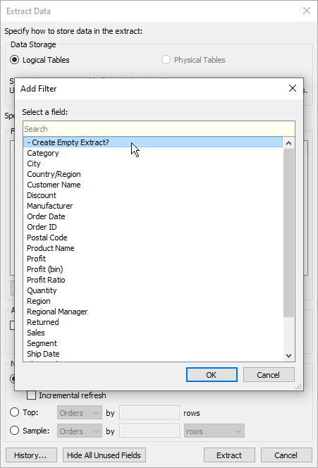 Image of a Tableau user adding a filter and selecting "Create Empty Extract?" from a drop-down list of options 
