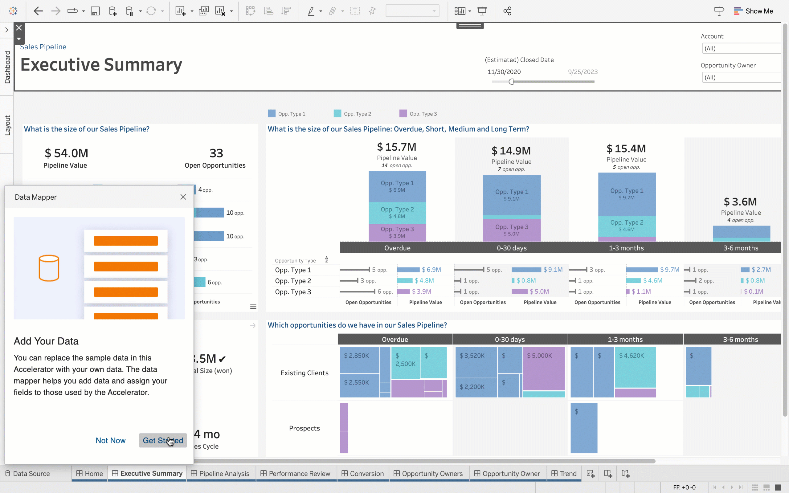 Short looping video of blue, purple, and teal treemaps showing sales pipeline data. Pop-up window shows dropdown menus with a cursor mapping sample data to custom data fields